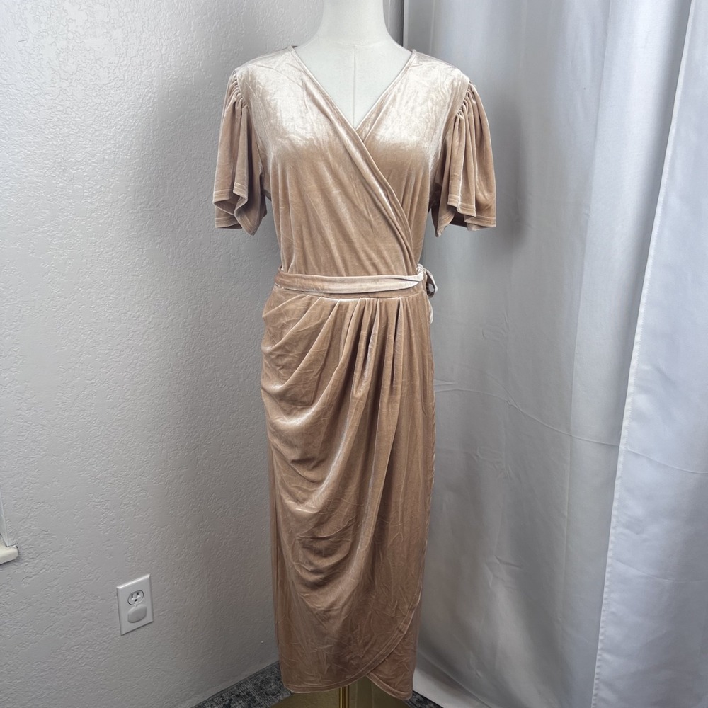 Velvet Wrap Midi Dress in Light Taupe